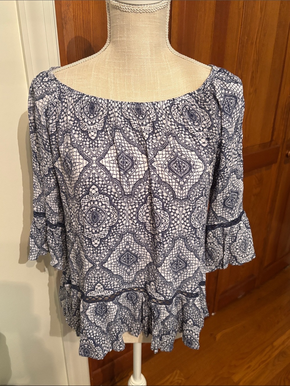 Boho Peasant Top - Blue & White Printed Women's Blouse